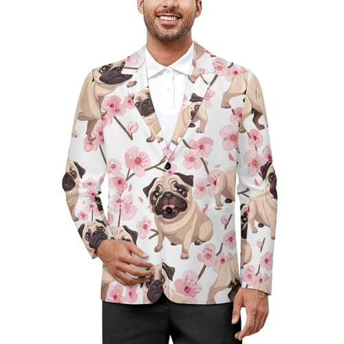 Cherry Flowers Pug Dog Men's Suits Dress Business Formal Suit Print Jackets Coat For Wedding Party