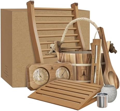 Northwood Sauna - Sauna Accessories Kit - Handmade from Canadian Red Cedar Wood - Complete Set (Bucket & Ladle, Thermometer & Hygrometer, Sand Timer, Aromatherapy Cup, Backrest, Headrest)