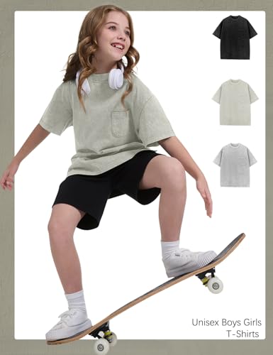 Image of COZYPOIN Unisex Kids Vintage Acid Wash Cotton Tees Crew Neck 3-16Y