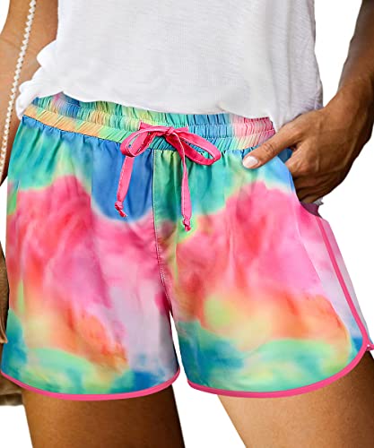 Plus Size Shorts for Women Drawstring Beach Shorts Pocketed Shorts Tie Dye/Leopard/Rainbow (XL-5XL)
