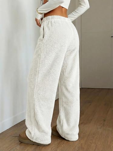 Image of ZAFUL Women's Fuzzy Plush Pajama Pants Wide Leg Pj Bottoms Lounge Pants | Soft Fluffy Sleep Pants Drawstring Elastic Waist Teddy Pjs for Women No Pockets