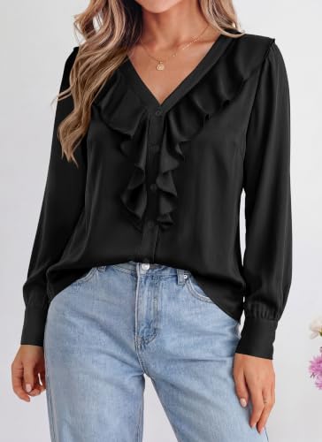 dowerme Womens Long Sleeve Tops Satin Ruffle Button Shirts - image 6