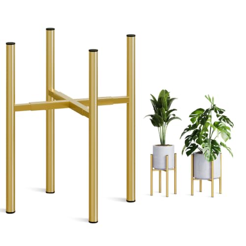 Rioneta Adjustable Metal Plant Stand Indoor Fits 8-14 Inch Pots Mid Century Modern Gold Planter Holder 2 Heights Heavy Duty 160 lb Indoor Outdoor Corner Floor Pot Stand Golden