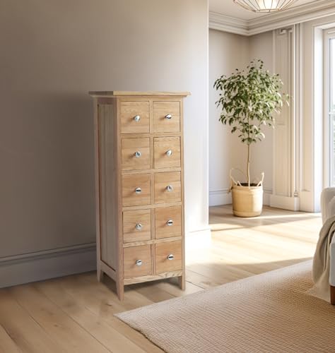 Hallowood Furniture Camberley CD DVD Storage Unit in Light Oak Finish, Solid Wooden Media Oak Cabinet with 10 Drawers, DVD/CD Stand Organiser for Living Room or Office, Holds 230 CDs or 70 DVDs