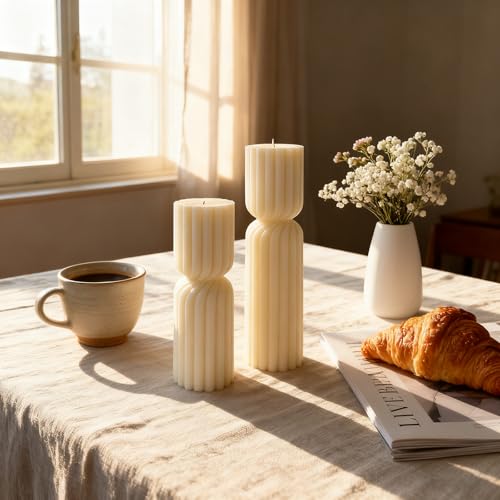 Set of 2 Ribbed Pillar Candles Handmade Soy Wax Scented Ribbed Candles,Hourglass Pillar Candle,Wax Elegant Bubble Natural Aesthetic Candle Housewarming Gift Home Room Shelf Decor Idea(White) - Image 5
