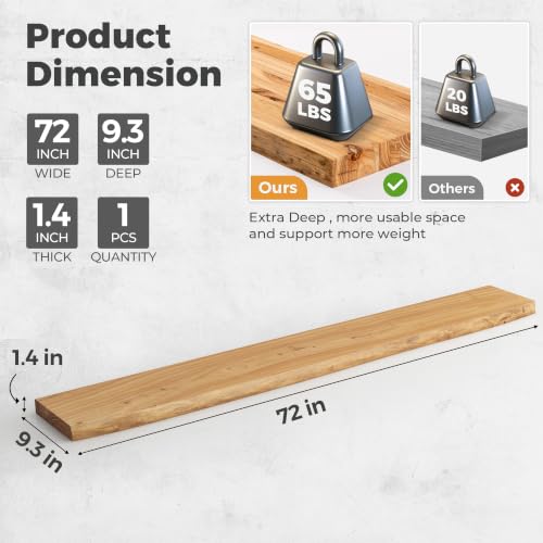 Image of RICHFOCUS Live Edge Elm Floating Shelves - 72 inch W x 9.3 inch D Rustic Solid Wood Wall Shelves with Invisible Bracket, Wall-Mounted for Living Room, Bedroom, Kitchen Storage & Display, Set of 1, Natural