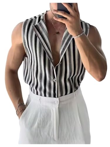 Men's Striped Button Down Knit Tank Tops Lapel V Neck Sleeveless Knit Vest Tops