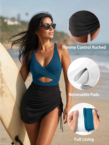 Image of B2prity Women Mesh One Piece Swimdress Swimsuit Tummy Control V Neck Cutout Bathing Suit Wrap Drawstring Sarong Swimwear