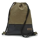 Leon By Bers Turnbeutel, große Reißverschluss Außentasche, Innentaschen Innenfutter Rucksack Tasche Damen Männer Hipster Beutel Veganes Leder Gym Bag Draw String (Khaki_Schwarz_PU)