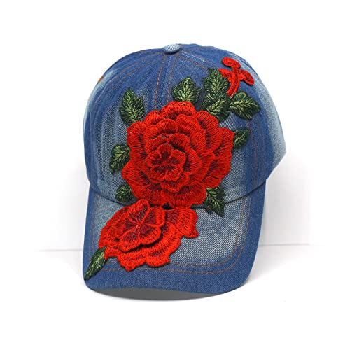 Denim Baseball Cap Women With Big Flowers Adjustable Embroidered Sun Hat Gift For Mom/Ladies (05) #TOP4