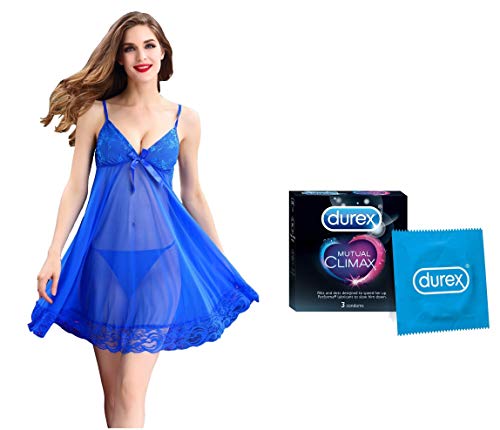Image of SSoShHub Women Babydoll Nightwear Lingerie Swimwear Beachwear Sexy Intimates Sheer Honeymoon Lingerie with Thong(Free 1s Condom Durex) Blue