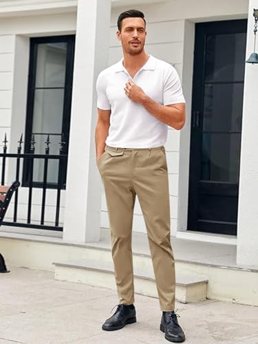 Image of Mens Chinos Slim Fit Pants Stretch Tapered Dress Pant Casual Trousers | Skinny Slacks, Flat Front Design, Stretch Cotton Fabric, Solid or Plaid, Work Dress Pants, Business Casual Wear
