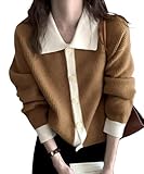 [Amulet] 襟付きニットカーディガン レディース トップス 長袖 秋服 冬服 10代 20代 30代 韓国ファッション 韓国 オフィスカジュアル バイカラーキレイめvl-5934-br-f