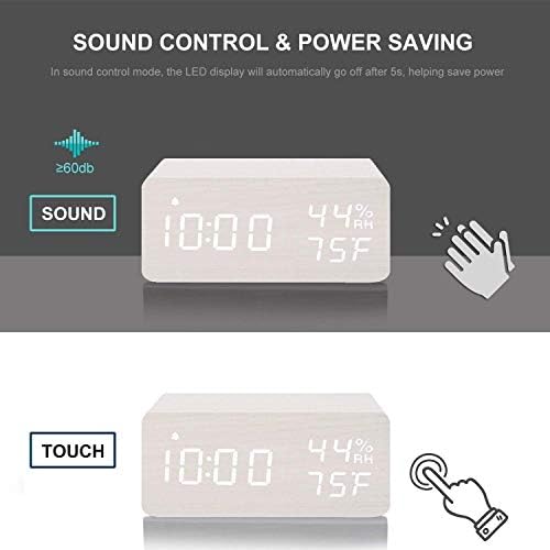 JALL Wooden Digital Alarm Clock with Wireless Charging, 3 Alarms LED Display, Sound Control and Snooze Dual for Bedroom, Bedside, Desk, Office, White