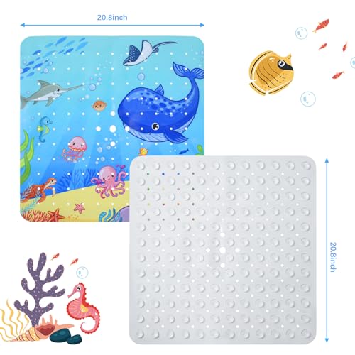 Otraki Tappetino Vasca Antiscivolo, 53X53Cm Tappetino Da Bagno Del Mondo Degli Animali Marini, Tappeto Doccia Antiscivolo Dei Cartoni Animati Con Fori Di Scarico E Ventose, Lavabile In Lavatrice, Blu - 4