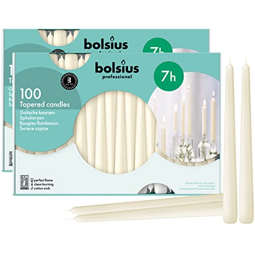 Bolsius Ivory Taper Candles - Bulk Case Of 2 Packs = Total 200 Candles - 7+ Hours - Premium European Quality - Consistent Smokeless Flame - Unscented Dripless Candlesticks #TOP20