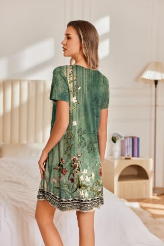 Image of Ekouaer Nightgowns for Women Pleated Sleep Shirts Short Sleeve Night Shirts Lace Trim Night Gown Ladies Sleep Dress