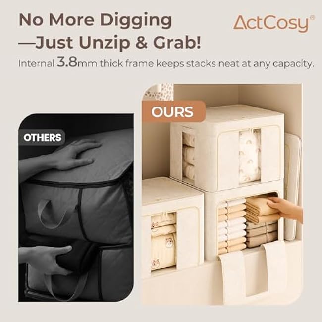 3Pack 60L Large Cloth Storage Bins with Metal Frame, Linen Storage Box with Clear Window, Stackable Sweater Storage for Closet, Clothes Containers for Comforters, Blankets, Quilts, T-shirt