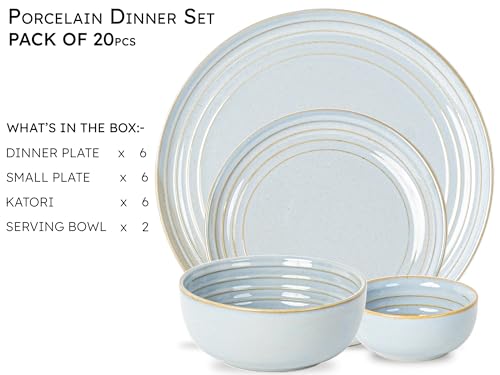 Image of Bodhi House Handcrafted Chip Resistance Porcelain Dinner Set, 20 Pieces Dish Set Serving for 6, Microwave and Dishwasher Safe, Bone-ash Free, Crockery Set for Dining and Gifting, Arctic Blue