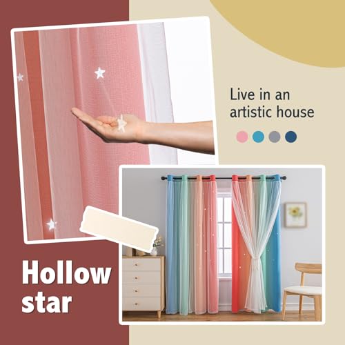 Image of indistar Colourful Stripe Star Cut-Out Blackout Curtains for Bedroom,2 Layers Mix Design of Fabric & Tulle,Pretty Window Curtain for Kids Room 1 Panel (W52 x L95 Rainbow)