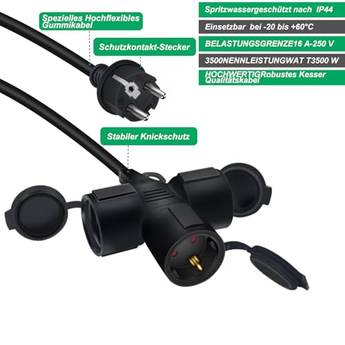 Rallonge electrique exterieur IP44 Schuko extension socket noire 1.5m