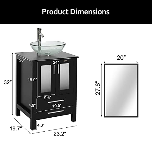 Eclife 24'' Modern Bathroom Vanity And Sink Combo Stand Cabinet And Glass Round Vessel Sink And 1.5 Gpm Bathroom Brass Faucet And Brass Pop Up Drain & Mounting Ring (Contemporary/A16 B02) #TOP2