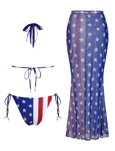 Image of ZAFUL Women's 3 Piece Floral Swimsuit Draped Neck Halter Bikini Tie Side Bathing Suit with Sheer Cover Up Skirt