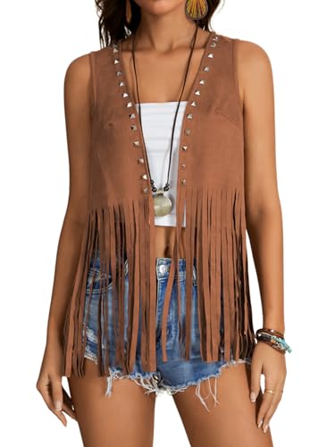 Women's Western Studded Fringe Vest Cowgirl Sleeveless Jacket Outerwear