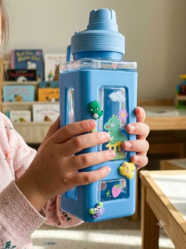 Image of Aider Kawaii Bear Kids Water Bottle, 700ml Blue | With Straw & Stickers, Cute Square Design, Leakproof BPA Free Plastic, For School, Travel, Gym & Daily Use