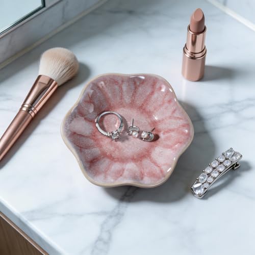 Image of Pink Lotus Leaf Shape Ring Jewelry Dish Holder,Small Trinket Jewelry Tray,Decorative Jewelry Plate Bowl,Key Bowl,Birthday Engegament Gifts for Women Friends,Ceramic