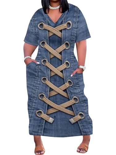 Image of Plus Size Maxi Tshirt Dress for Women Short Sleeve Dresses Loose Fit Summer