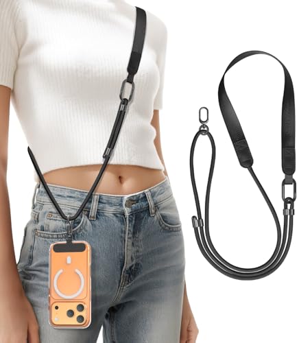 Niunisi Cordon de téléphone à bandoulière avec écusson, boucle en métal réglable, compatible avec la plupart des smartphones, Noir , Crossbody Lanyard