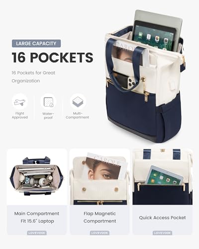 Image of LOVEVOOK Laptop Backpack for Women, 15.6 Inch Work Laptop Bag with USB Port, Fashion Teacher Nurse Backpack Purse, Waterproof Travel Computer Backpack with Organizer Bag, 2PCS,Beige - Navy