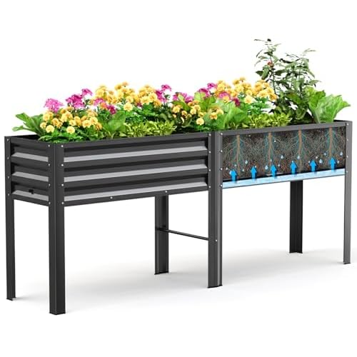 KING BIRD Raised Garden Bed with Legs & Water Storage Tank Galvanized Elevated Planter Box 80×17×31.5 in for Backyard, Patio, Balcony, 500lb Capacit