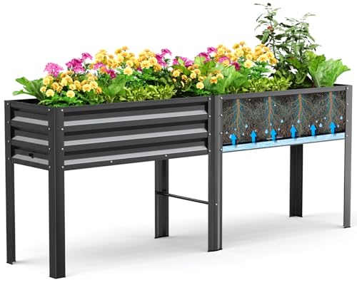 KING BIRD Raised Garden Bed with Legs & Water Storage Tank Galvanized Elevated Planter Box 801731.5 in for Backyard Patio Balcony 500lb Capacity Dark Grey