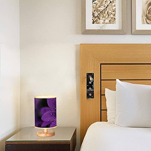 Vbijscdh Linen Fabric Shade Wood Base Table Lamp Rain Drops On Purple Flower Dimmable Bedside Table Lamp Solid Wooden Simple Lamp For Bedroom Living Room Office Study #TOP1