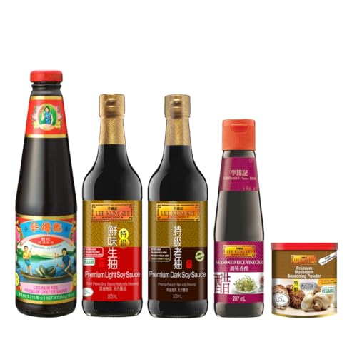 Lee Kum Kee Back To School Value Pack: Premium Oyster Sauce Light & Dark Soy Sauce Mushroom Seasoning and Rice Vinegar - Set of 5