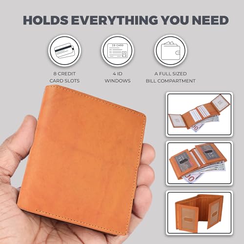 AG Wallets RFID Blocking Wallet for Men - Bifold Slim Wallet - Travel Wallet with 8 Card Holders, Full Size Bill Slot & 4 ID Windows - Cowhide Leather Wallet with Dual Flip Out ID Flaps - Tan3