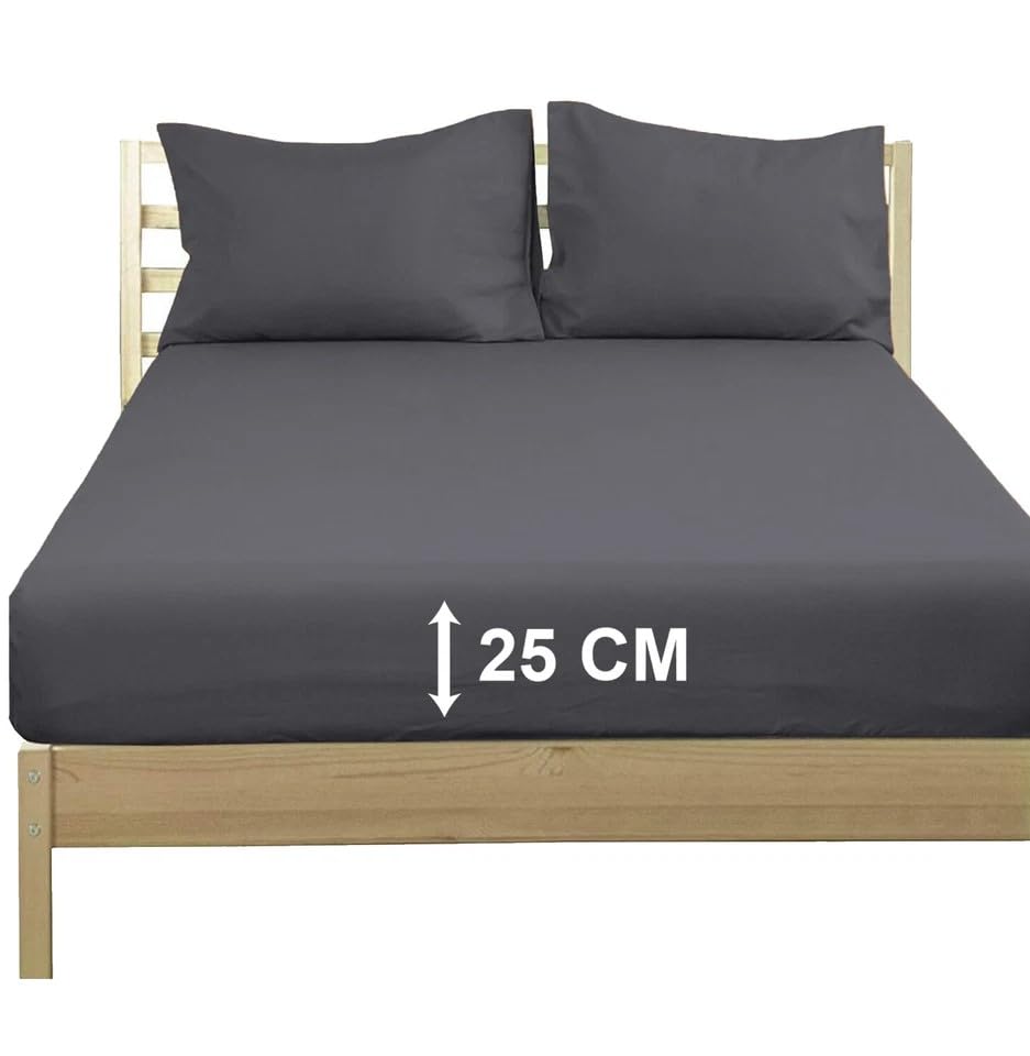 Extra Deep 25 cm Poly‑Cotton Fitted Sheet - 100 % Poly‑Cotton Bed Sheet Easy Fit - Soft, Durable & Wrinkle-Resistant Bedding (Charcoal, Pillowcases Pair)