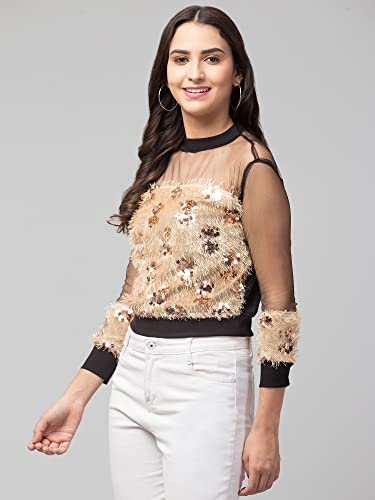 Image of NEOAMBER Women Stylish Sleeveless Sequin Net Western Cami Party Crop Top