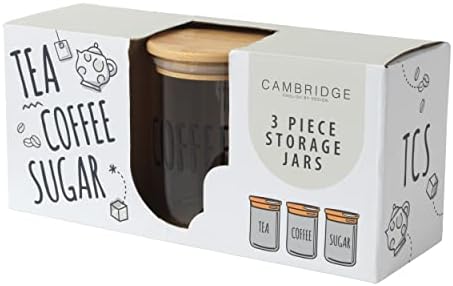 CAMBRIDGE CM07639EU7 3 Piece Glass Storage Jars Set, Tea Coffee Sugar Canisters, Kitchen Container with Bamboo Seal Wooden Lid, Decorative Caddy, Reusable, 650 ml Capacity