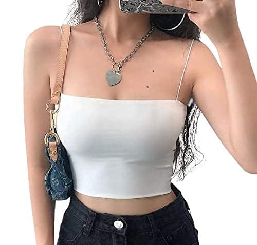 Women's Girls Thin Strap Sling Spaghetti Tank top Comfortable Camisole Crop top Free Size (28 to 32) Bust Size (Free-Size,)
