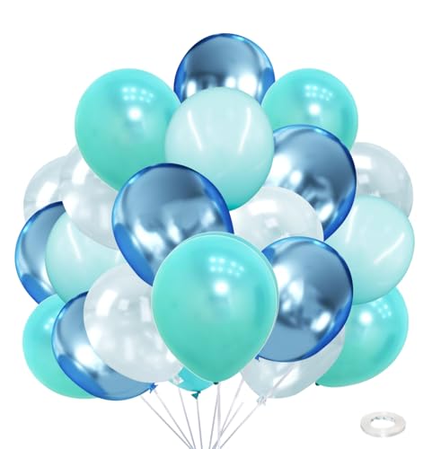 Image of Teal Turquoise Blue Clear Balloons Different Size,Under the Sea Party Decorations-40Pcs Pearl Metallic Blue,Clear Bubble Latex Baloons for Ocean Beach Water Sea Animals Fish Shark Theme Party Birthday