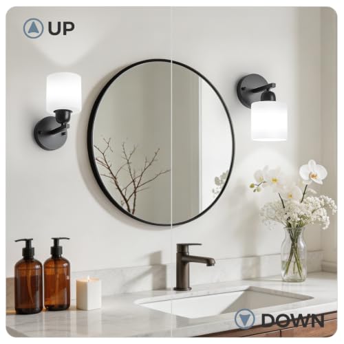 Image of 2PCS Light Black Bathroom Light Fixture, Modern Bathroom Lights with Milky White Frosted Glass Shades for Mirror Living Room Bedroom Hallway E26 Base