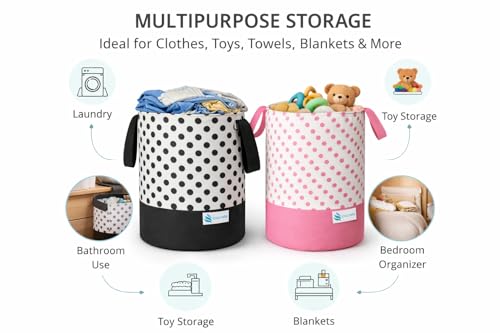 Image of 45L Foldable Laundry Bag with Handles | Durable Fabric Clothes Storage Basket for Home, Bathroom & Kids Room | Polka Dot Design (BLACK &0 PINK Combo)