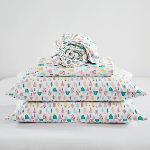 Image of Intelligent Design Cozy Soft 100% Cotton Flannel Sheets, Breathable Festive & Adorable Print Cotton Flannel Sheet Set, Deep Pocket Sheet Fits Up to 16 inch Mattress, Full White Holiday Trees 4 Piece
