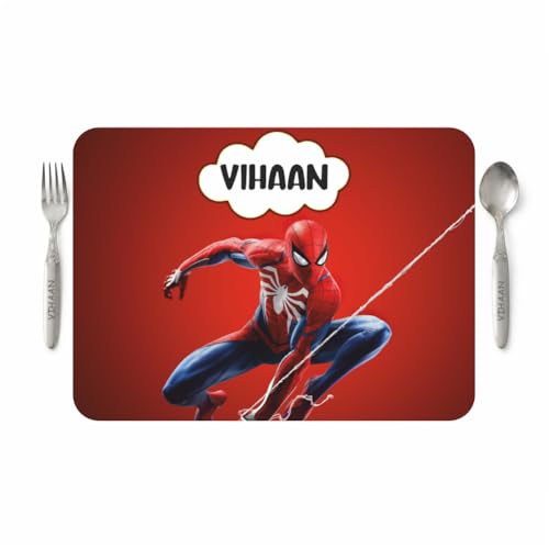 Image of Customized Table Mat with Name & Design Engraving | Personalized Dining Mat with Spoon & Fork | Customized Birthday Gift for Kids (Spidermen)