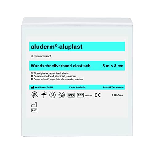 Söhngen Wundpflaster aluderm-aluplast elastisch (Größe 5m x 8 cm Wundauflage aluminiumbedampft verklebt nicht / fasert nicht / stark saugend Pflaster hautbildungs- + heilungsfördernd atmungsaktiv)