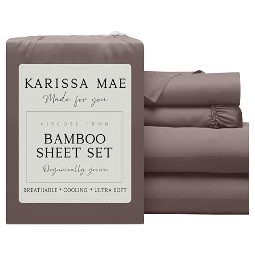 Image of KARISSA MAE Bamboo Viscose 34 inch Split Top King Size Sheet Set, FSC Certified | Single 34 inch Split Fitted Sheet | Sleep Number & Adjustable Bed | Cooling | 18 inch Deep Pocket w / Corner Straps [Mocha]