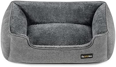 FEANDREA Dog Bed, Linen-Look Pet Bed, Dog Sofa Bed with Raised Edges, Non-Slip Bottom, Removable Washable Cover, M, for Small Dogs, 70 x 55 x 21 cm, Light Grey
